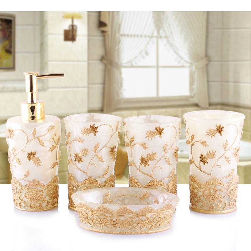 유럽 ​​스타일 엠보스 수지 욕실 키트 칫솔 컵 5피스 - Wedding Bathroom Supply Kit 리뷰 및 가격